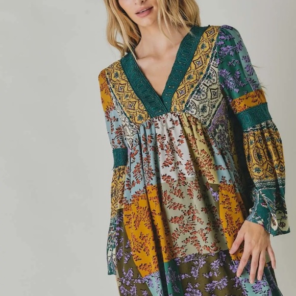 Bohemian Patchwork Dress with crochet detail NWT - Picture 4 of 5